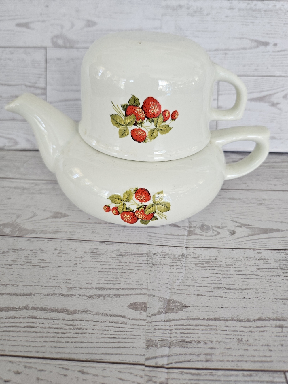 Vintage Ceramic Strawberry-Patterned Stacking "Tea for One" Set